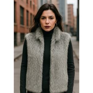 Calvin Klein women gray faux fur vest Mob wife luxe bohemian eccentric glamour